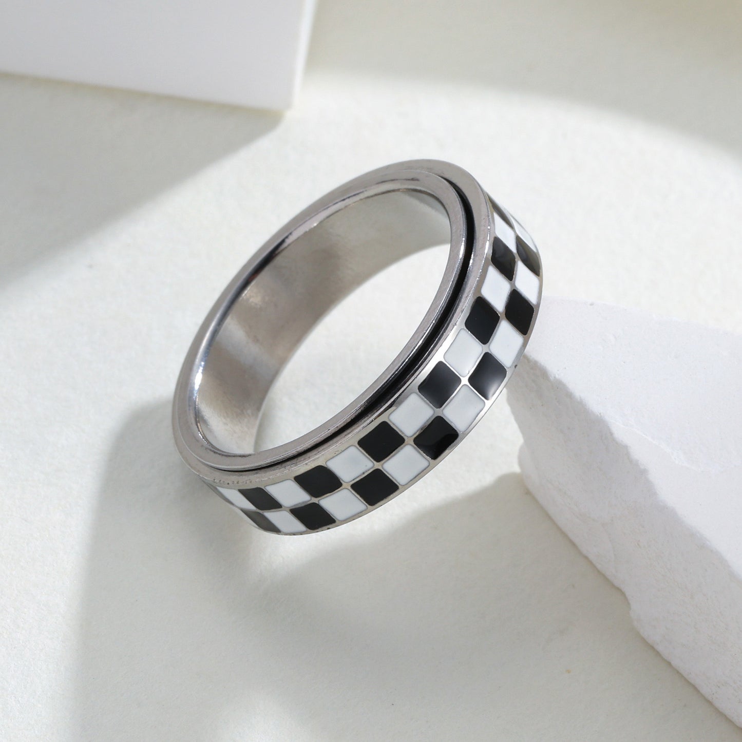 Planderful Collection Rotatable Stainless Steel Checkerboard Ring For Unisex Style And Protection