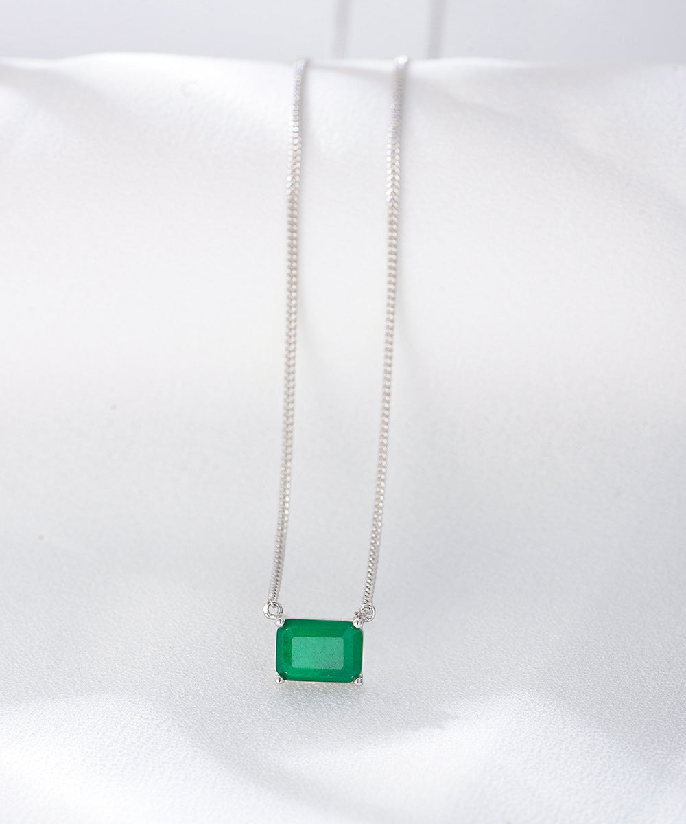 S925 Sterling Silver Square Emerald Colored Gemstone Necklace Sense Single Zircon Necklace