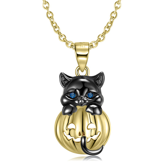 Halloween Black Kitten Golden Pumpkin Silver Necklace