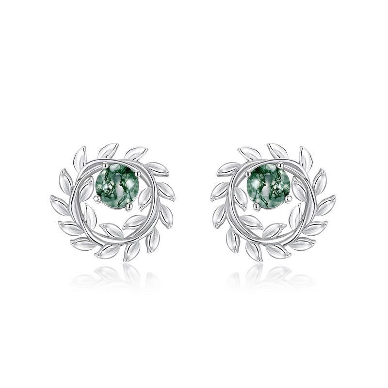 S925 Sterling Silver Moss Agate Olive Branch Stud Earrings