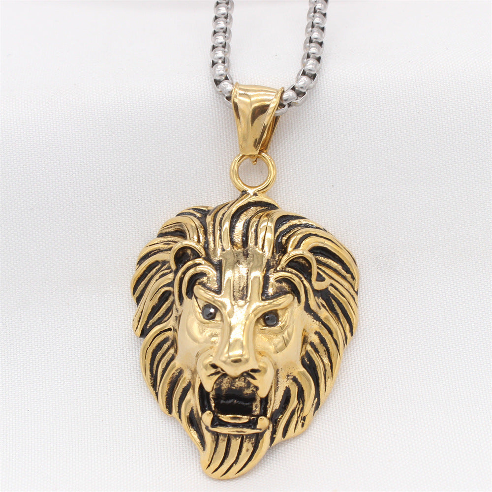 Planderful Everyday Genie – European and American Retro Lion Head Men's Titanium Steel Pendant Necklace for Men