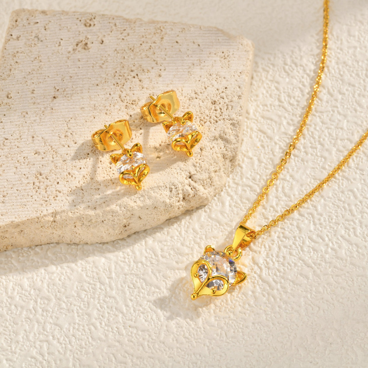 Copper Zircon Fox Necklace – Stud Earrings – Collarbone Chain