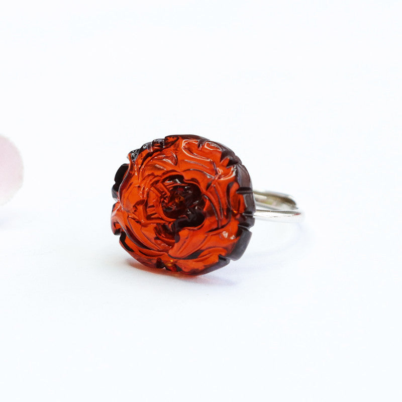 Blood Amber Peony Flower Sterling Silver Ring
