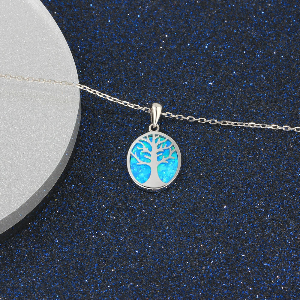 Planderful Jewelry Tree of Life Opal Pendant Necklace in Sterling Silver S925 Blue Oval