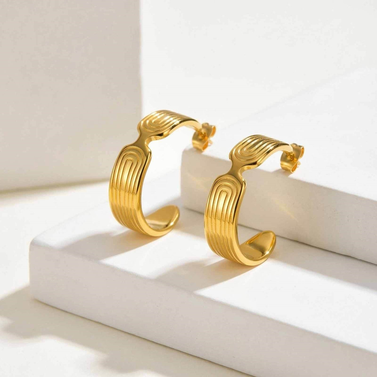 Gold-Tone Sculptural Grooved Open Hoop Earrings