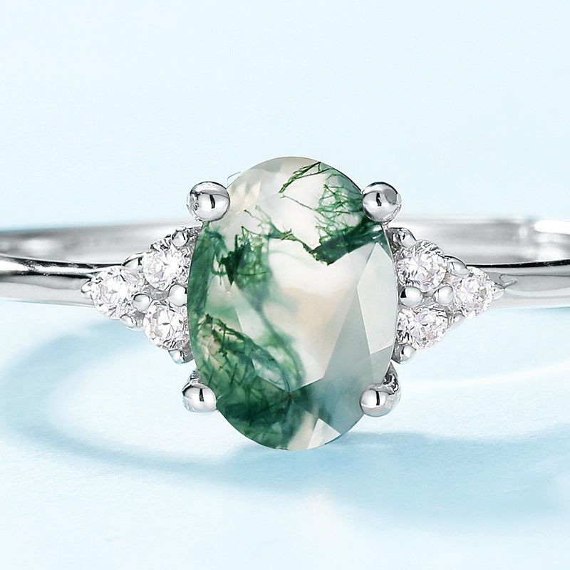 Planderful Everyday Genie – Foreign Trade New S925 Silver Green Moss Ring Inlaid with Aquatic Agate