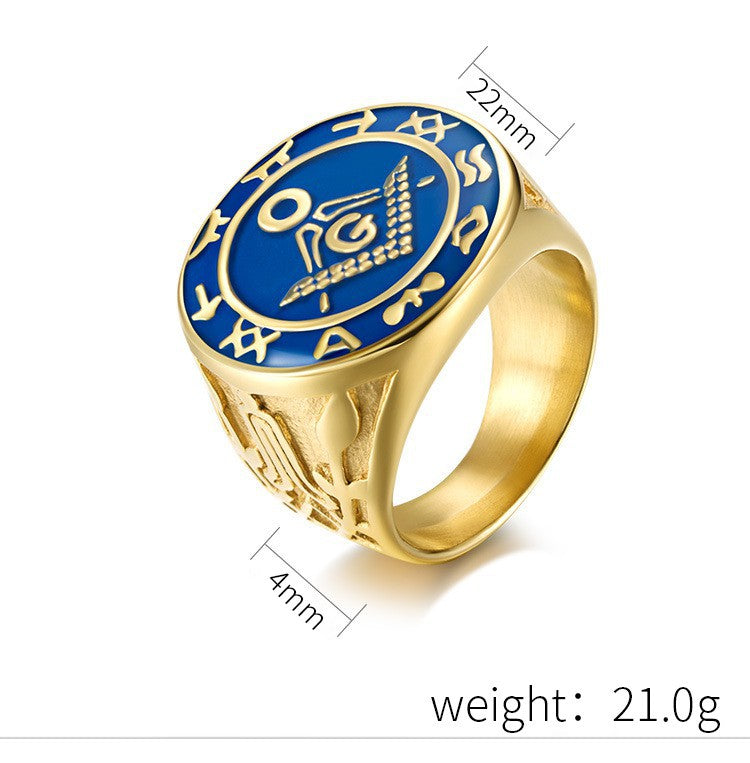 European – American Stainless Steel Freemason Ring – Gold Enamel Fraternity