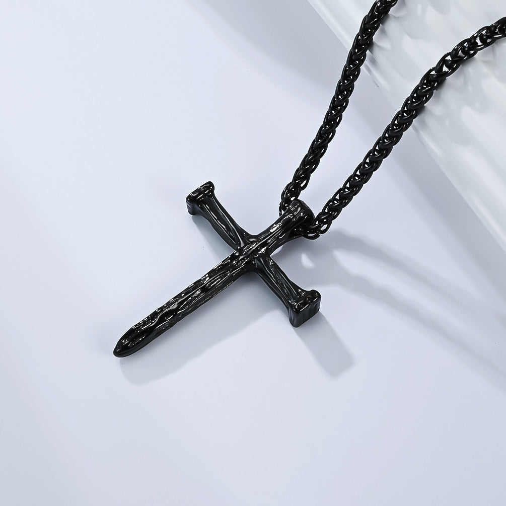 Planderful Wood Grain Cross Necklace For Men Vintage European American Style Titanium Steel Pendant Jewelry