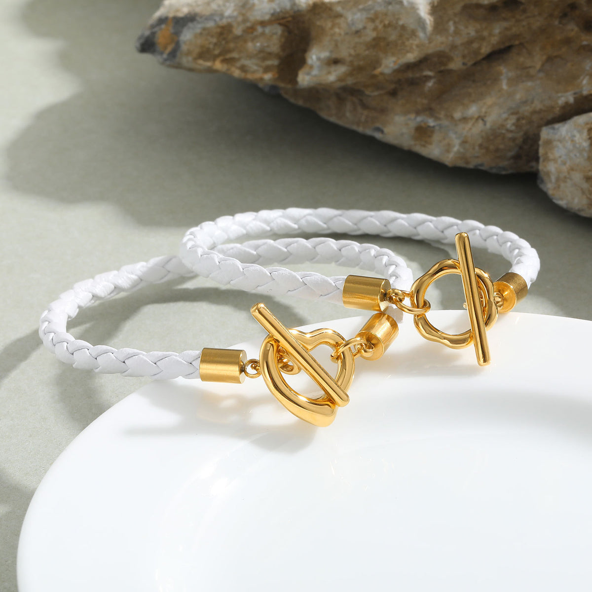 Ladies Stainless Steel Flower Ot Buckle White Microfiber Leather Bracelet Gold