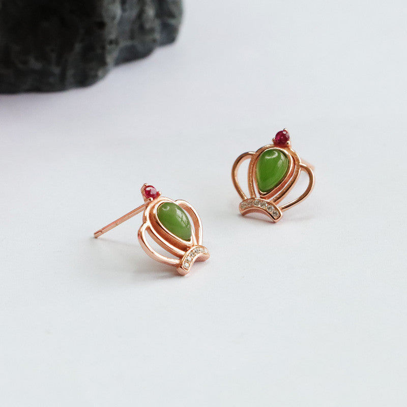 Water Drop Jasper Crown Jade Stud Earrings