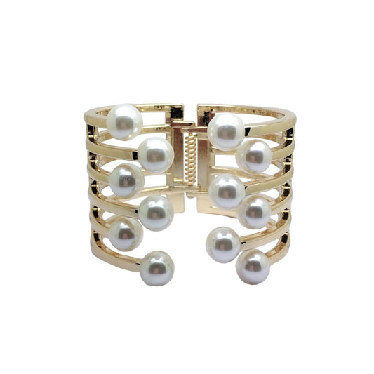 Pearl Edge Wide Women's Bracelet with Gold-plated Metal Accents