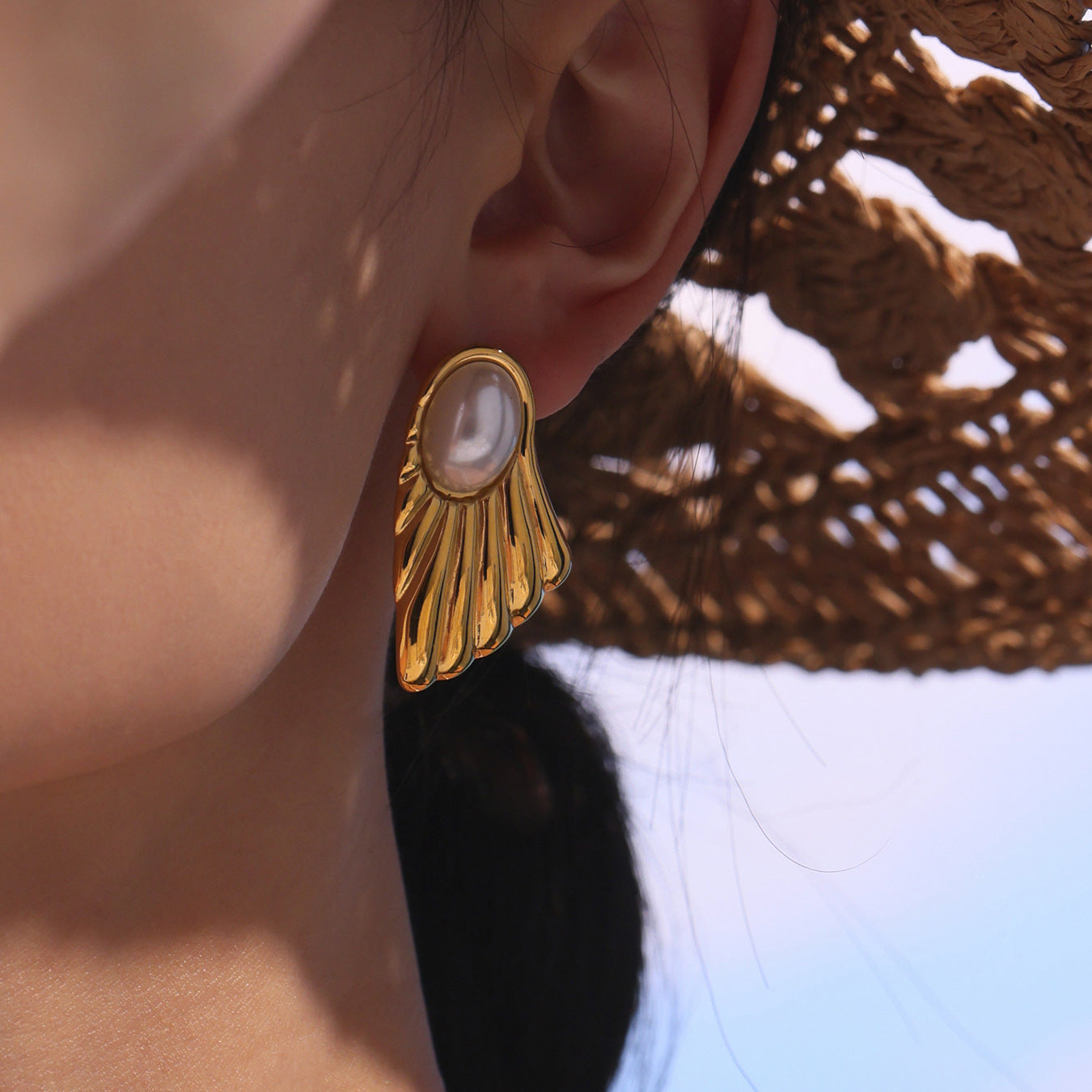 Planderful Bead Fan Stud Earrings Stainless Steel Women