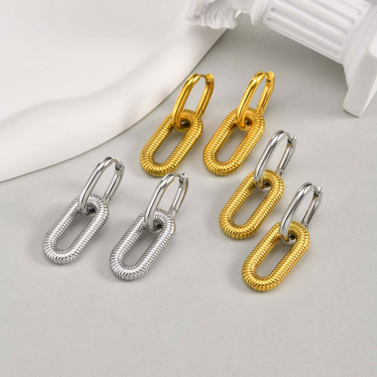 Textured Oval-Link Stainless Steel Drop Earrings