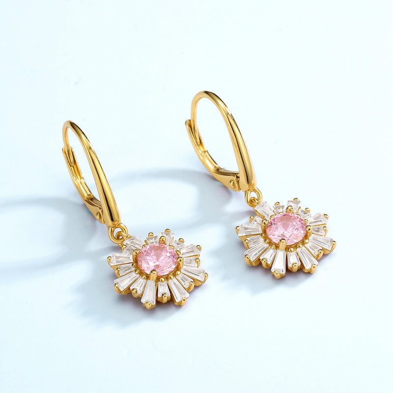 Zircon Pink Sun Flower Pendant Sterling Silver Drop Earrings