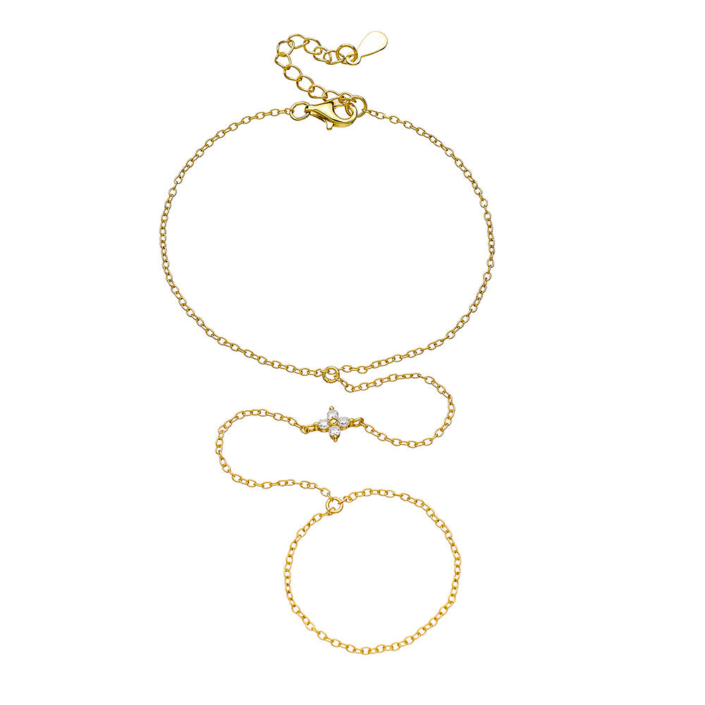 S925 Sterling Silver Four-Leaf Clover Zircon Pendant Finger Chain Wind 14k Gold-Plated Bracelet