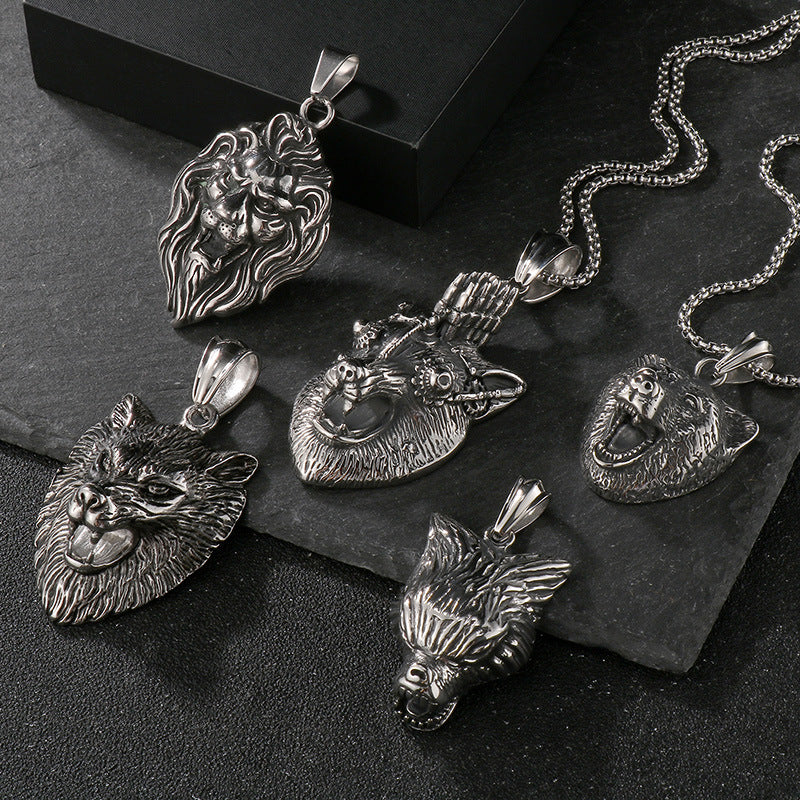 Animal Shape Old, Punk Lion Head Wolf Head Fox Titanium Steel Men's Pendant Necklace