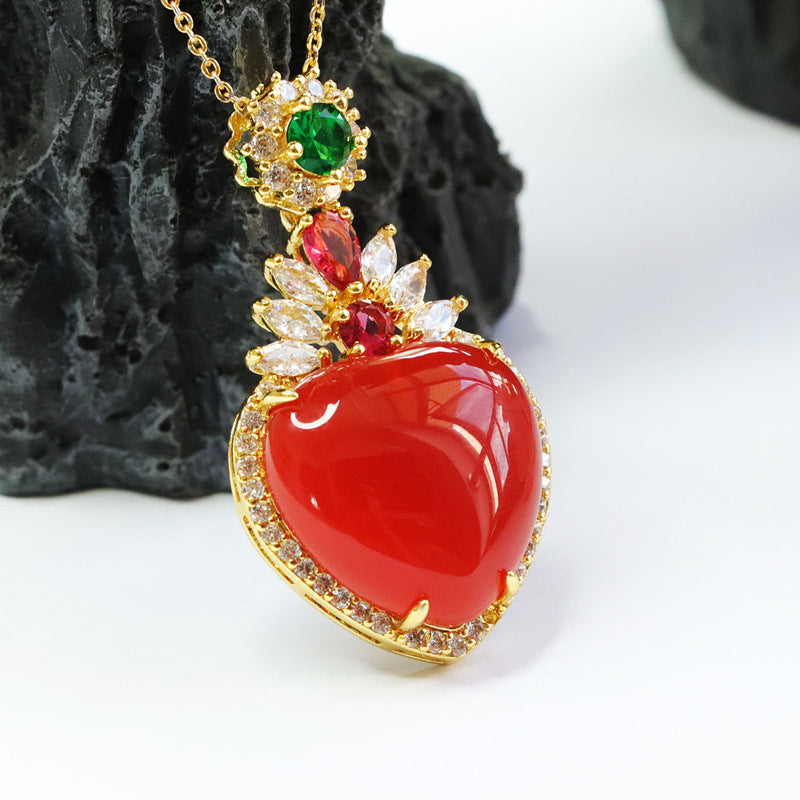 Radiant Red Agate and Zircon Love Necklace in Sterling Silver