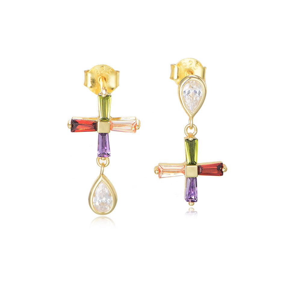 Color Zircon Asymmetric Cross Stud Earrings Sterling Silver Jewelry Earrings