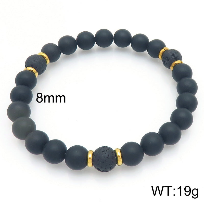 Stainless Steel Bracelet – Punk Volcanic Stone Frosted Black Agate Elastic Rope Handmade