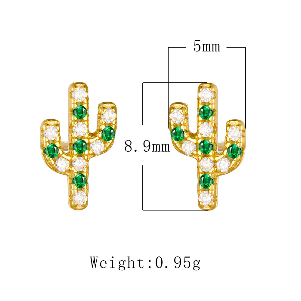 S925 Sterling Silver Cactus Micro-Inlaid Zircon Small Stud Earrings Inlaid Zircon Earrings