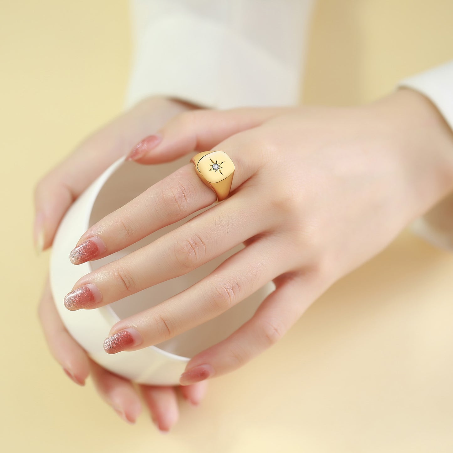 Stainless Steel Inlaid Single Zircon Octagram Ring Gold Women's Jewelry