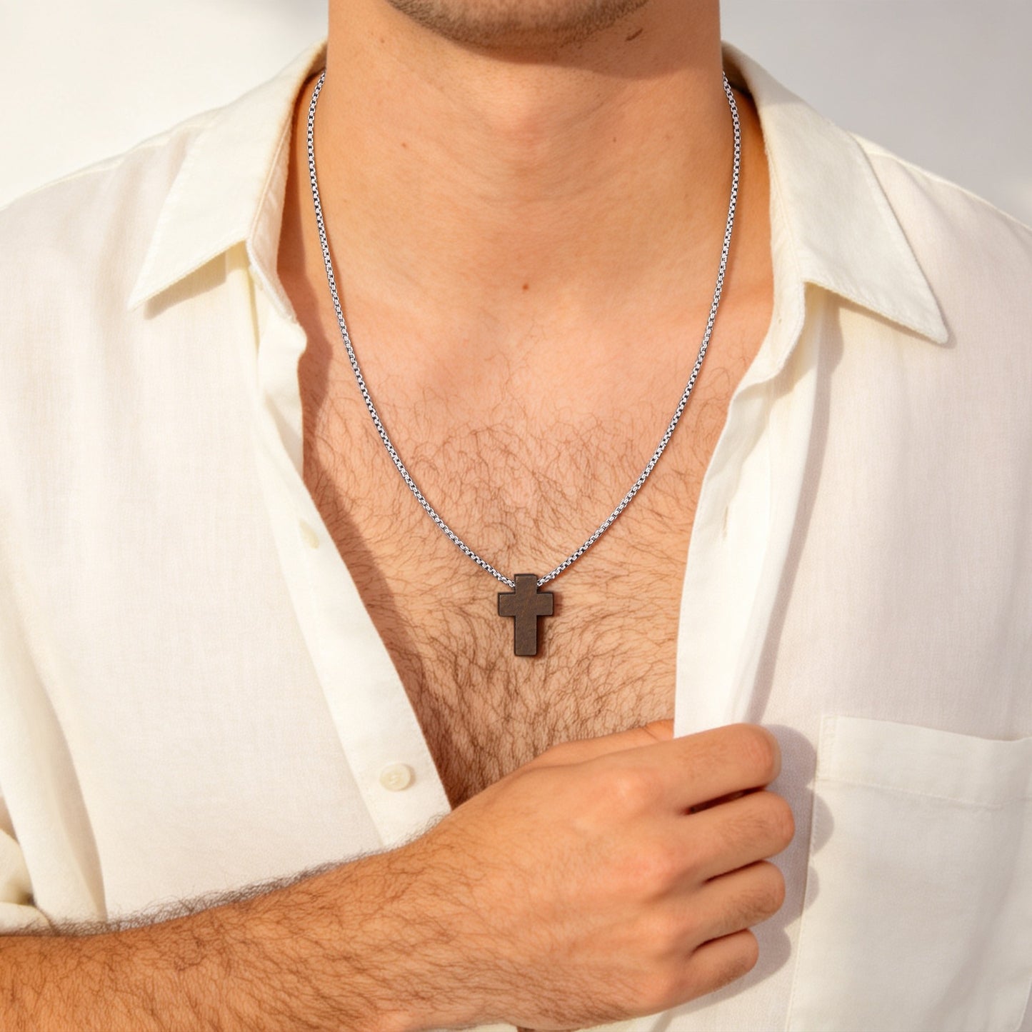 Stainless Steel Unisex Necklace Square Pearl Chain Wood Cross Necklace