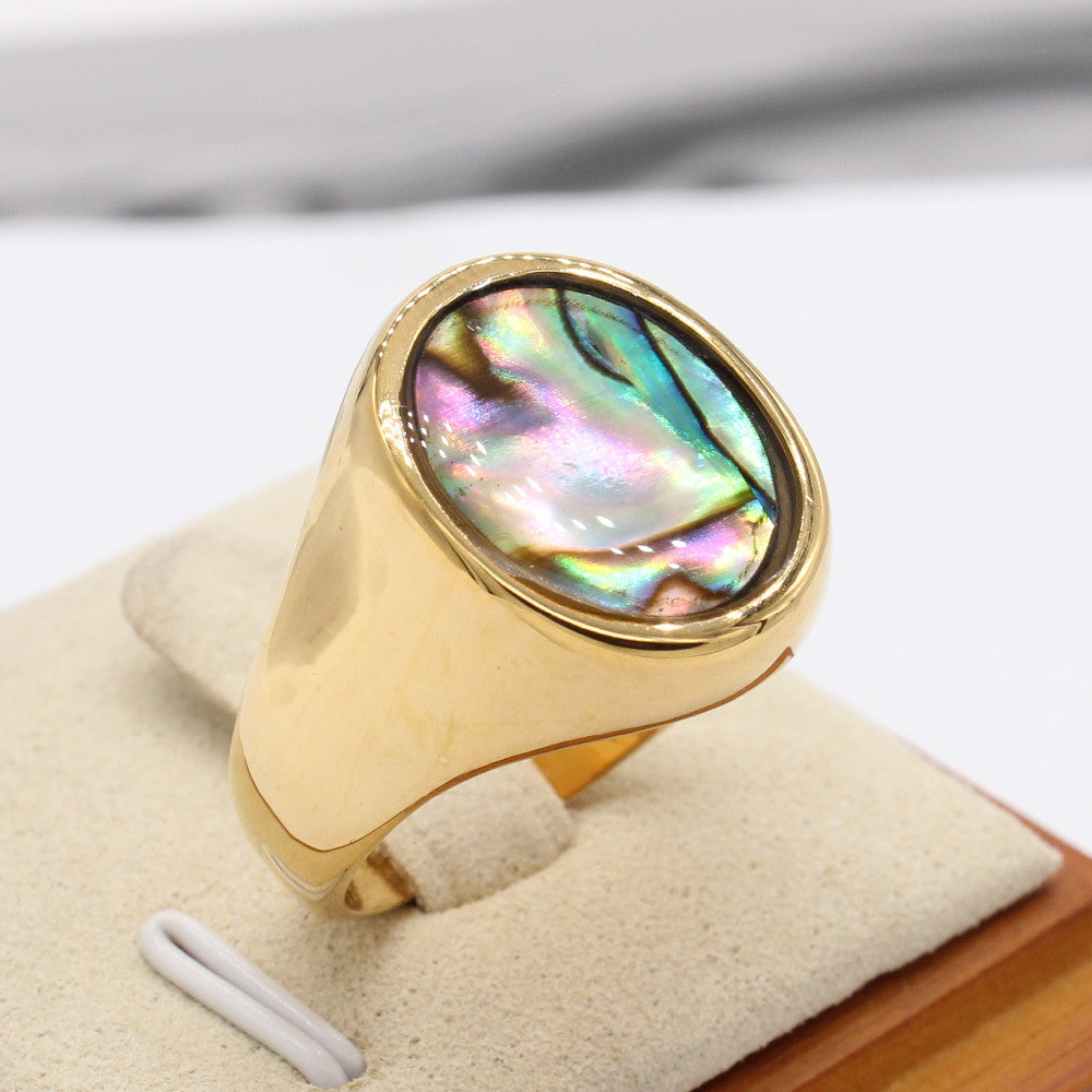 Planderful Gold Plated Titanium Steel Ring Unisex Oval Shell Design For Men And Women