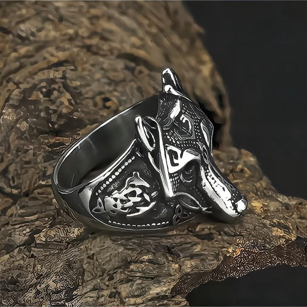 European And American Jewelry Wholesale Men's Titanium Steel Ring Retro Viking Wolf Head Hip-Hop Personality Ring