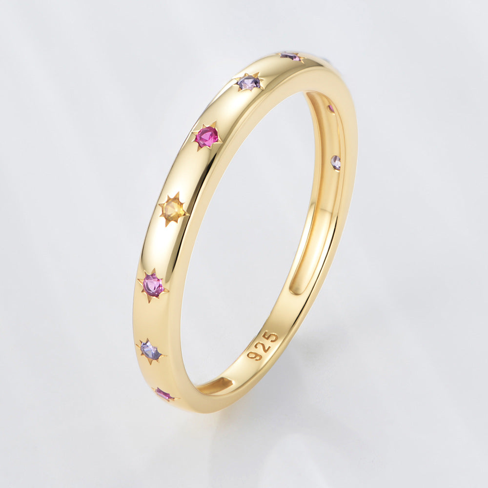 S925 Sterling Silver Colored Zircon Ring Geometric Hexagram Ring Trendy