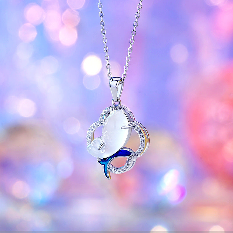 S925 Sterling Silver Natural Chalcedony Four-Leaf Clover Necklace