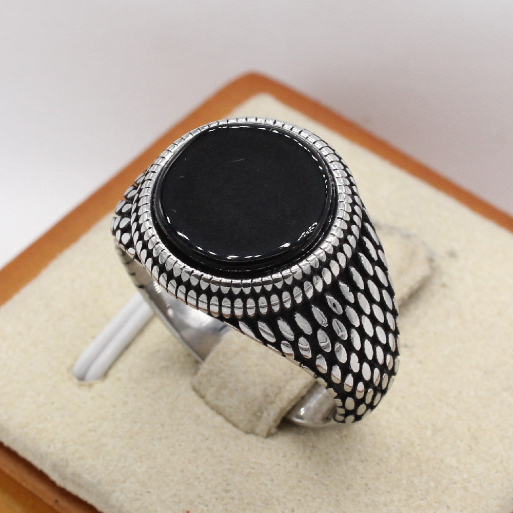 Planderful Titanium Steel Ring For Men Unisex Retro Round Gemstone Protection Statement Style