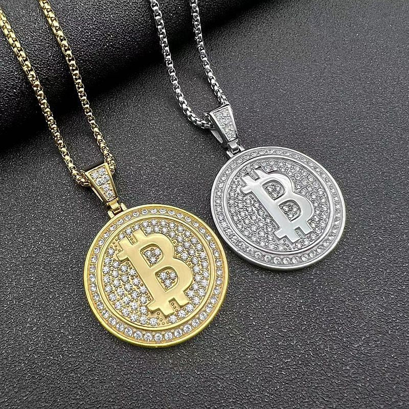 Bitcoin B Pendant Necklace By Planderful Everyday Genie Gold Plated Steel West Coast Hip Hop Style For Crypto Fans
