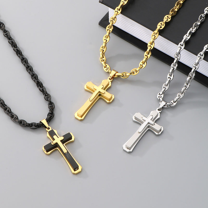 Planderful Men Cross Necklace Bamboo ThreeLayer Titanium