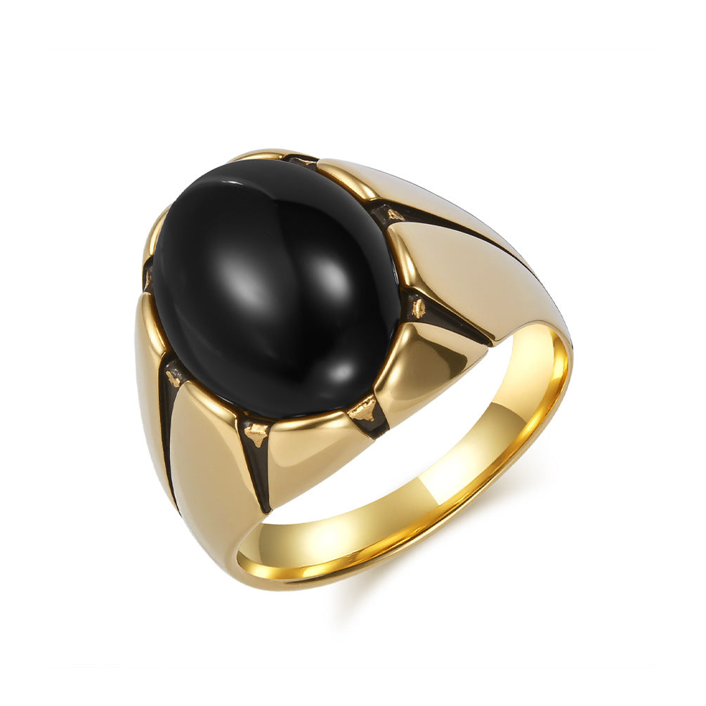 Planderful Tiger's Eye Ring For Men Egg Shaped Black Stone Stainless Steel Jewelry Everyday Genie