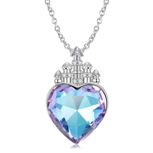 Purple Light Heart Shape Zircon Castle Silver Necklace