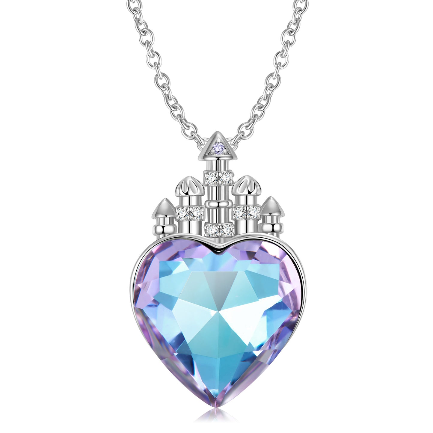 Purple Light Heart Shape Zircon Castle Silver Necklace