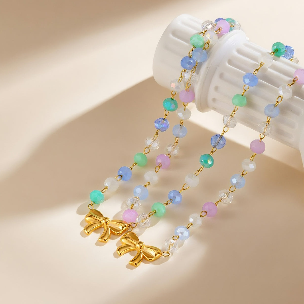 Ladies Sweet Little Fresh Stainless Steel Bow Color Gradual Change Bead Necklace