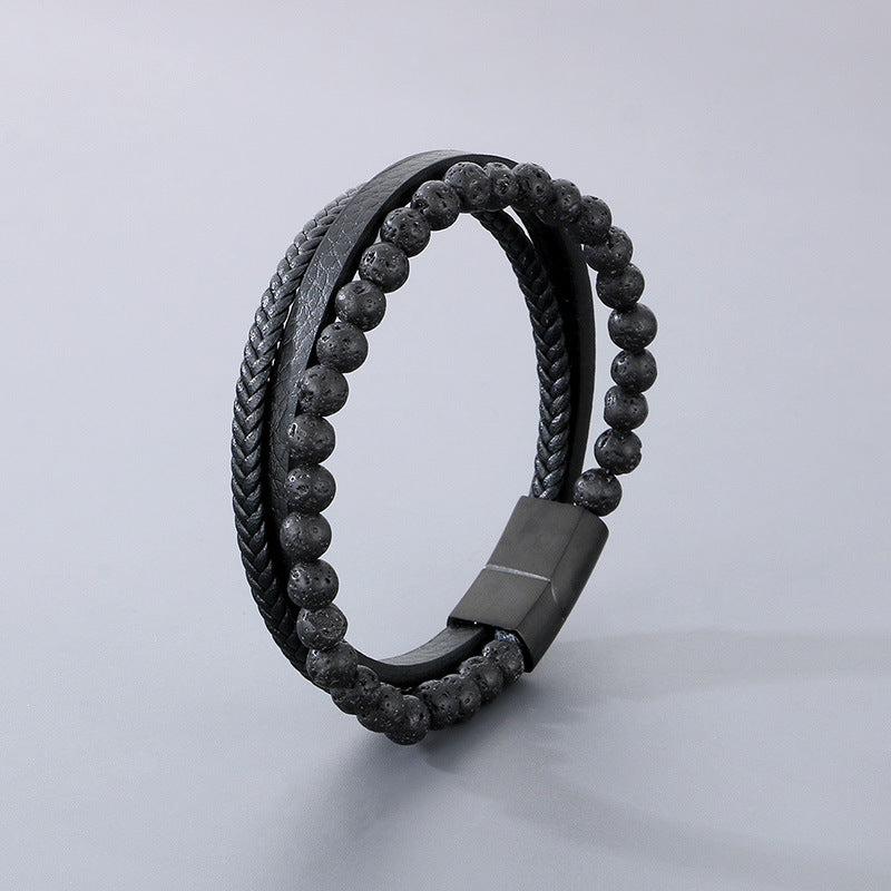 Multi-Layer Woven Leather Rope Titanium Steel Bracelet – Volcanic Stone Beaded Men's