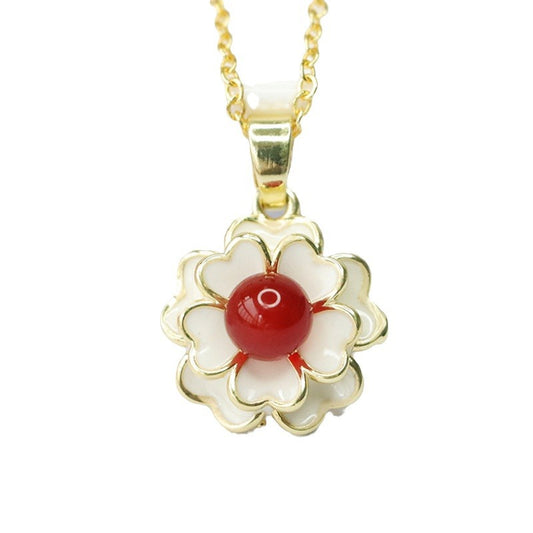 Blood Red Agate Camellia Pendant Necklace
