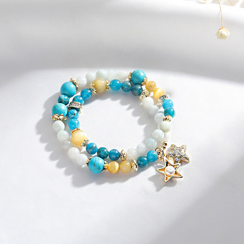 Double Layer Crystal, Turquoise, and Apatite Sterling Silver Bracelet