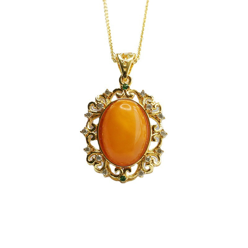 Golden Hollow Amber Pendant with Zircon Necklace crafted from Pigeon Egg Amber Surely a Treasure