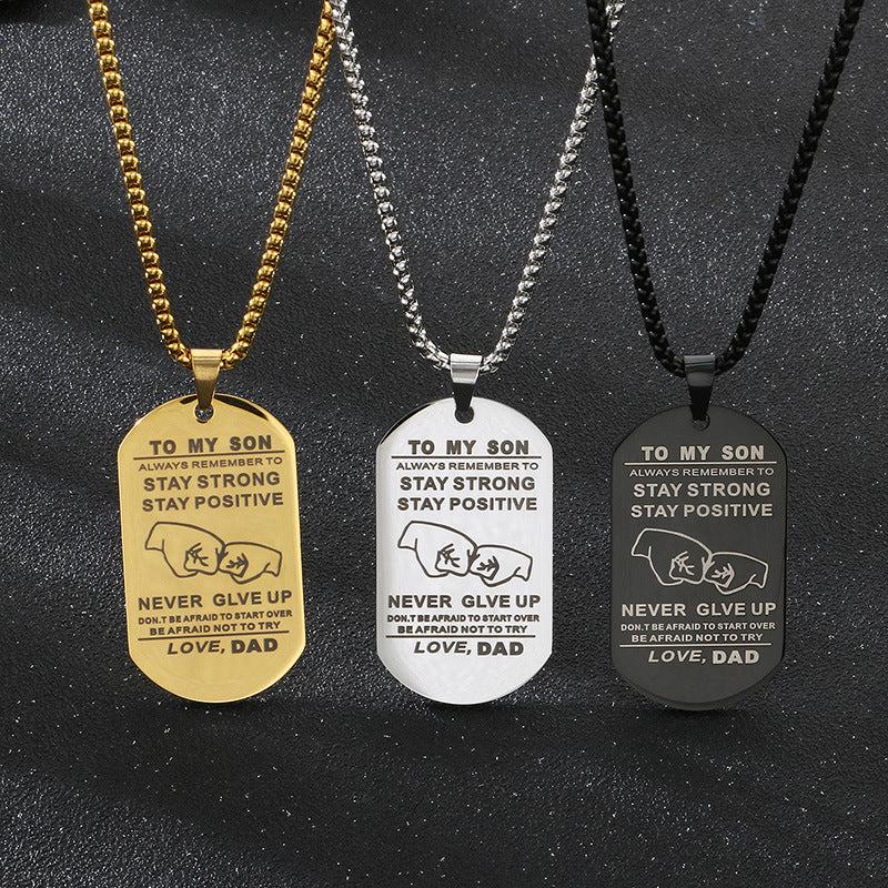 Popular Laser Stainless Steel To My Son English Letters Father'S Day Military Pendant Necklace