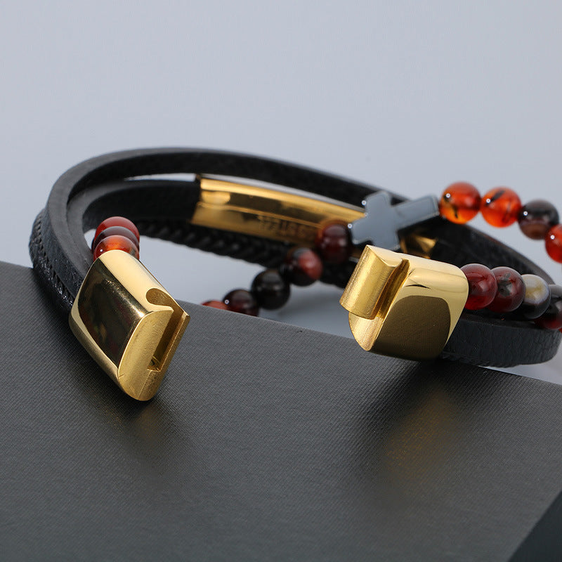 Planderful Men's Titanium Steel Cross Braided Rope Bracelet