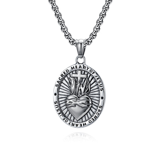 Planderful Sacred Heart Cross Titanium Steel Necklace For Men Retro European American Symbol Body Protection Jewelry