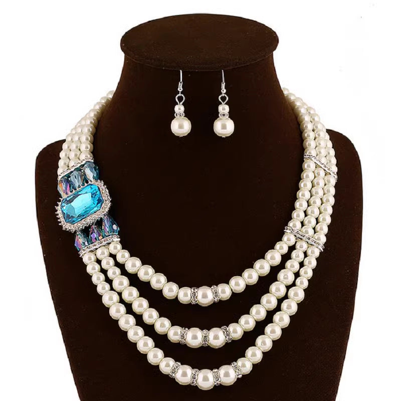 Exaggerated African Pearl Crystal Necklace Set with Multi-layer Chain - Savanna Rhythms Collection