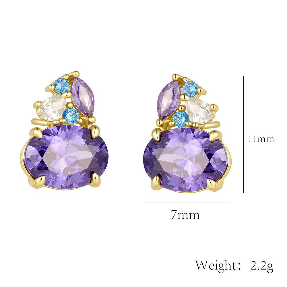 S925 Sterling Silver Colored Gemstone Stud Earrings Geometric Horse Eye Oval Purple Zircon