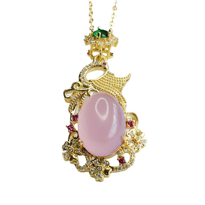 Phoenix Pendant Necklace with Pigeon Egg Pink Chalcedony and Zircon