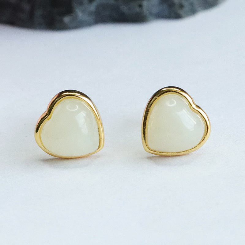 Sterling Silver Love Earrings with Natural Hetian White Jade