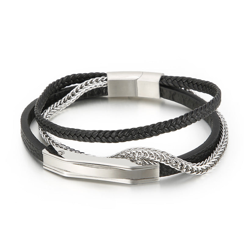 Planderful Mens Leather Bracelet MultiLayer Magnetic Buckle