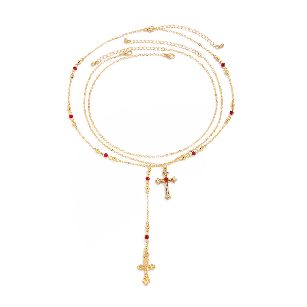 Wind Stacked Cross Fringed Necklace Round Bead Snake Bone Chain Multi-Layer